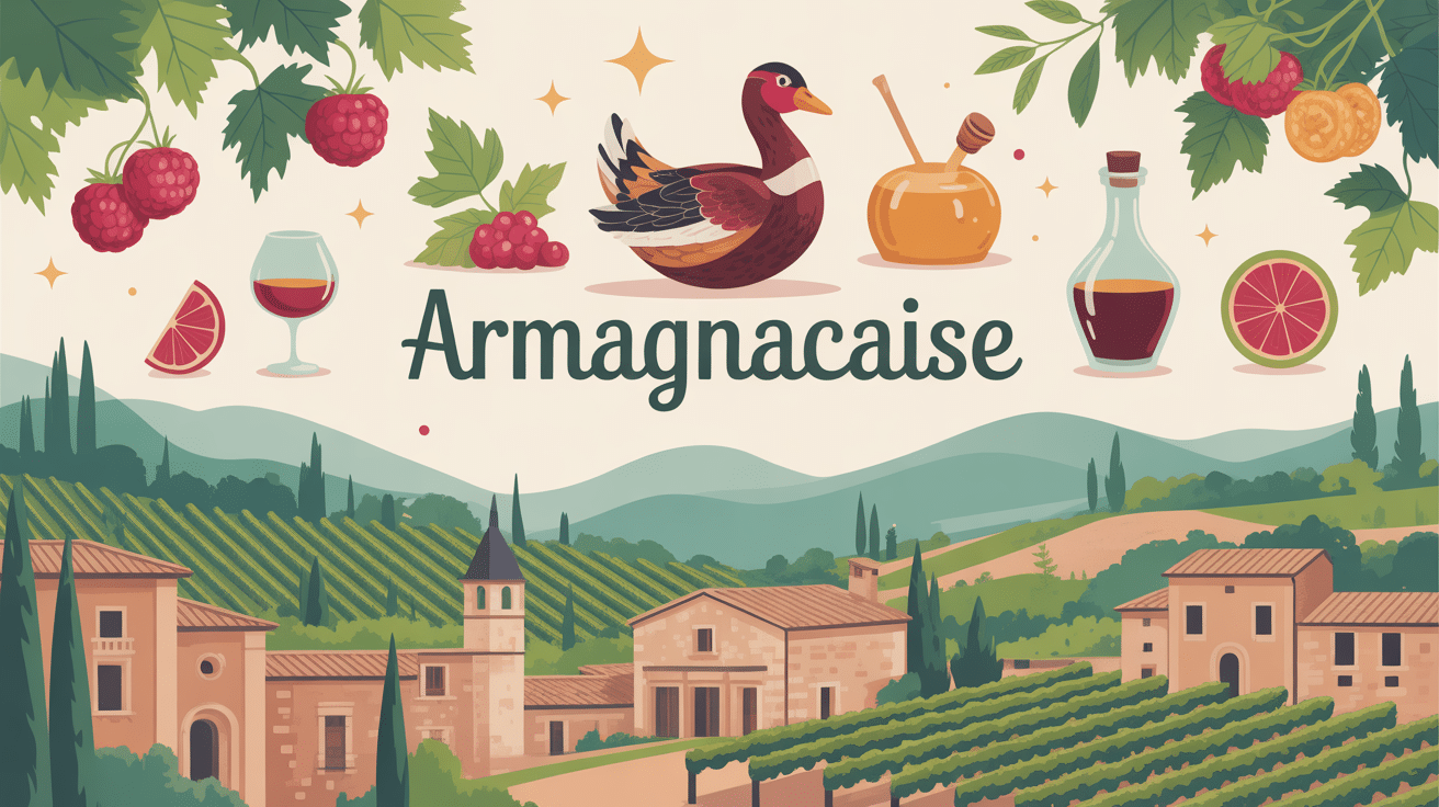 Illustration armagnacaise paysages vignes et gastronomie