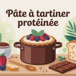 pâte a tartiner proteinee sur table saine avec fruits à coque et pain complet