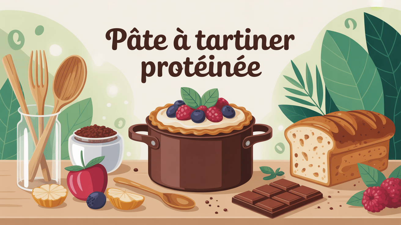 pâte a tartiner proteinee sur table saine avec fruits à coque et pain complet