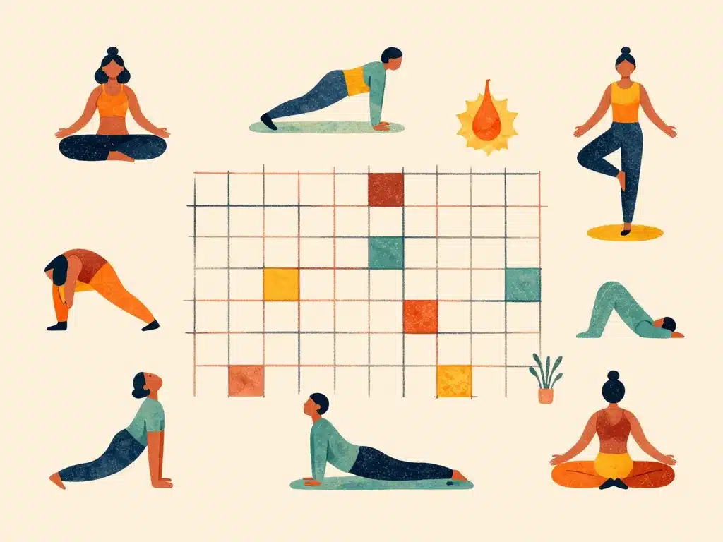 scène postures de yoga mots fleches grille puzzle