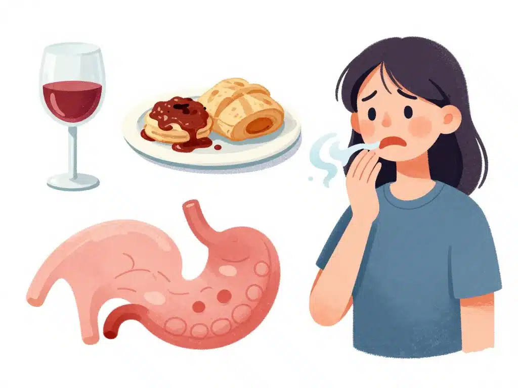 Illustration des causes du vomi de la mousse : alcool, estomac irrité, douleur