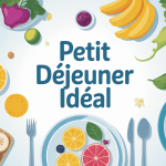 illustration petit déjeuner idéal assiette équilibrée vue de dessus