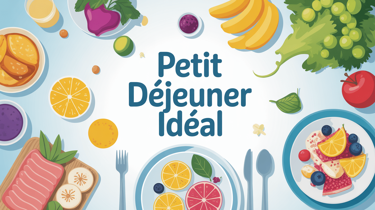 illustration petit déjeuner idéal assiette équilibrée vue de dessus