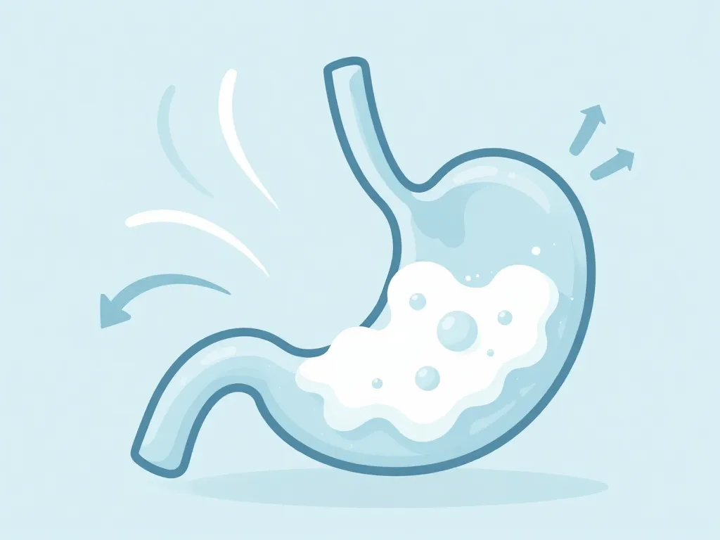 Schéma digestif montrant vomi de la mousse et bulles blanches