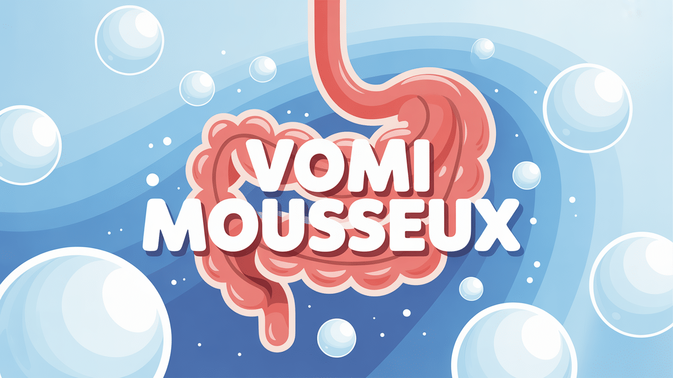 Illustration du vomi de la mousse, estomac stylisé et bulles blanches