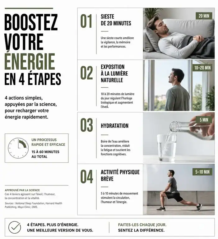 Infographie sur les méthodes pour avoir de l'énergie rapidement et booster son tonus au quotidien