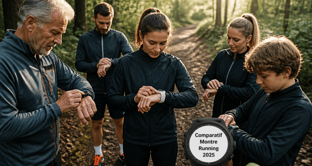 comparatif montre running groupe coureurs forêt