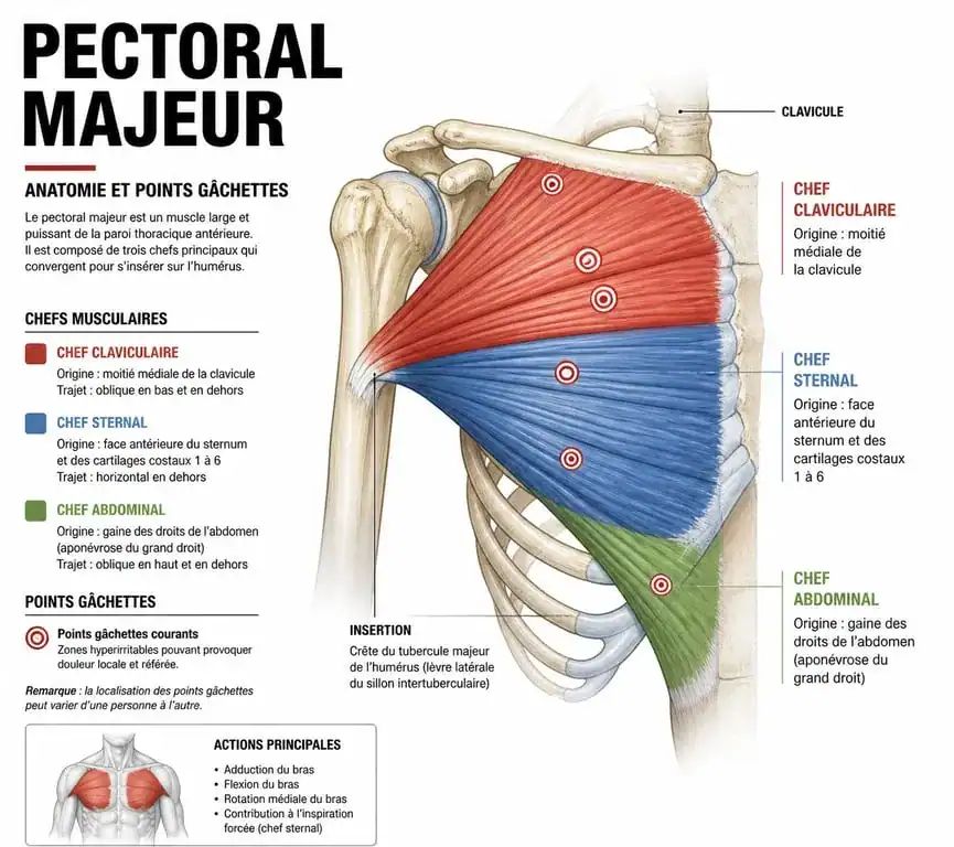 Schéma anatomique du grand pectoral montrant les zones de douleur et les points gâchettes