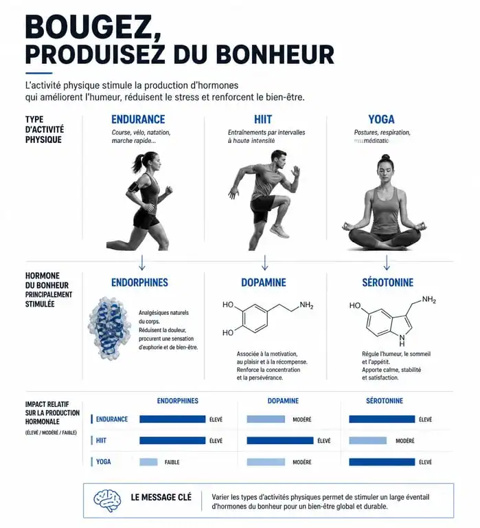 Infographie montrant le lien entre sport et hormone du bonheur : endorphines, dopamine et sérotonine.