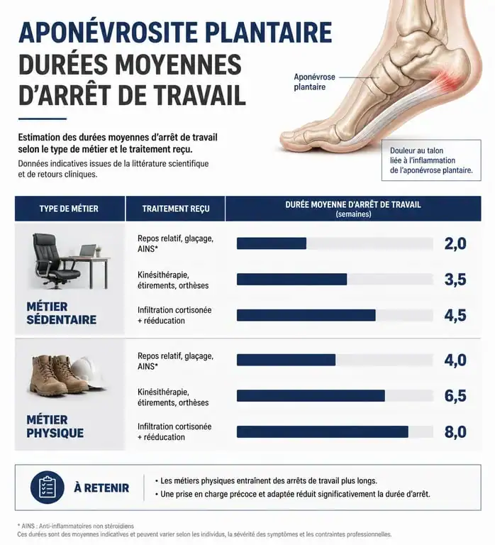 Infographie sur la durée d'arrêt de travail pour une aponévrosite plantaire selon le métier et le traitement