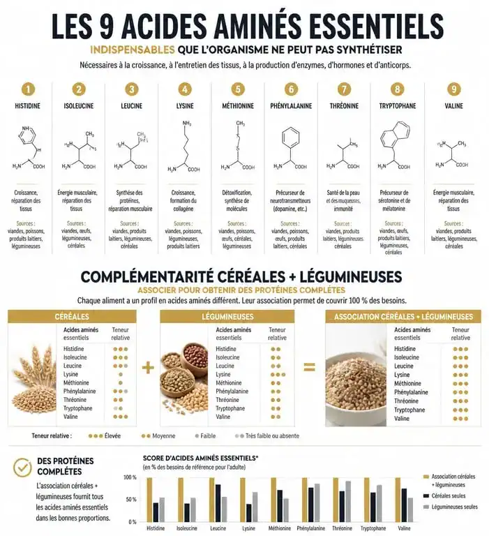 Infographie sur les acides aminés essentiels et la complémentarité des protéines alimentaires