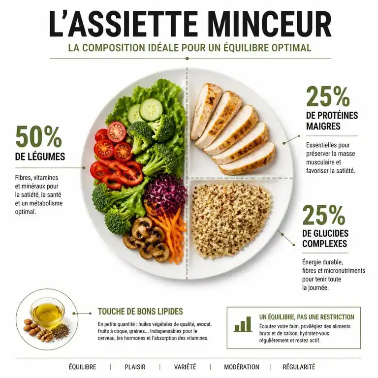 Infographie de la composition d'une assiette équilibrée pour perdre du poids