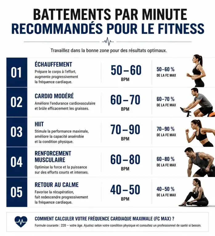 Infographie des recommandations de BPM pour le fitness en musique selon l'intensité de l'entraînement