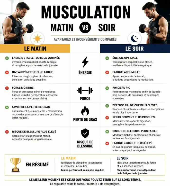 Infographie comparative musculation le matin versus le soir