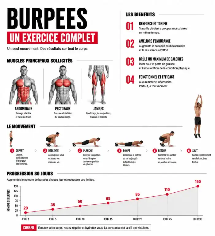 Infographie des bénéfices et transformation physique après 50 burpees par jour
