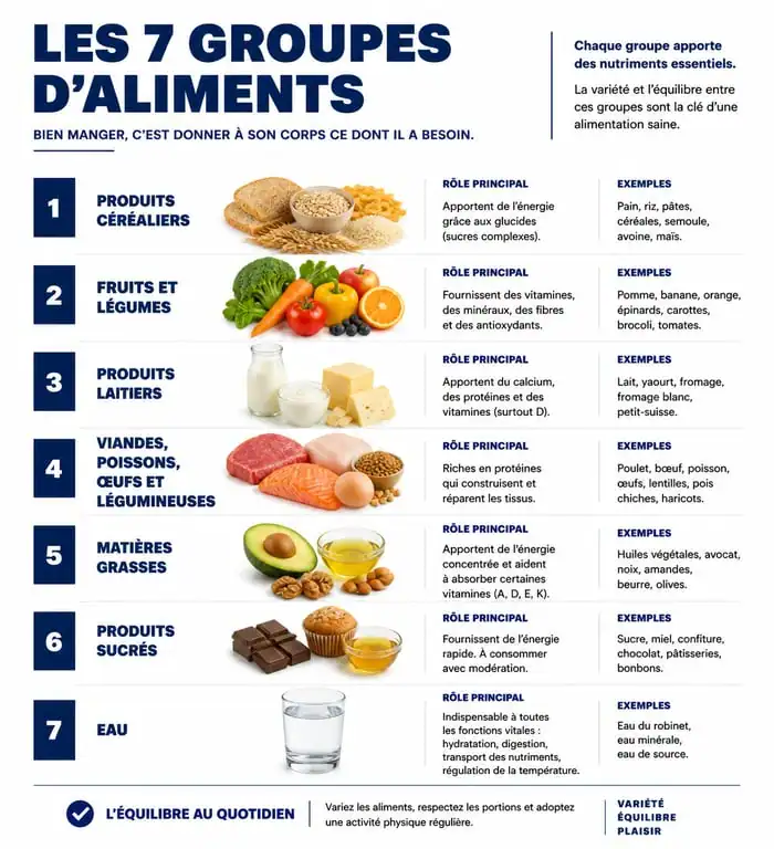 Tableau des 7 groupes d'aliments et leurs apports nutritionnels