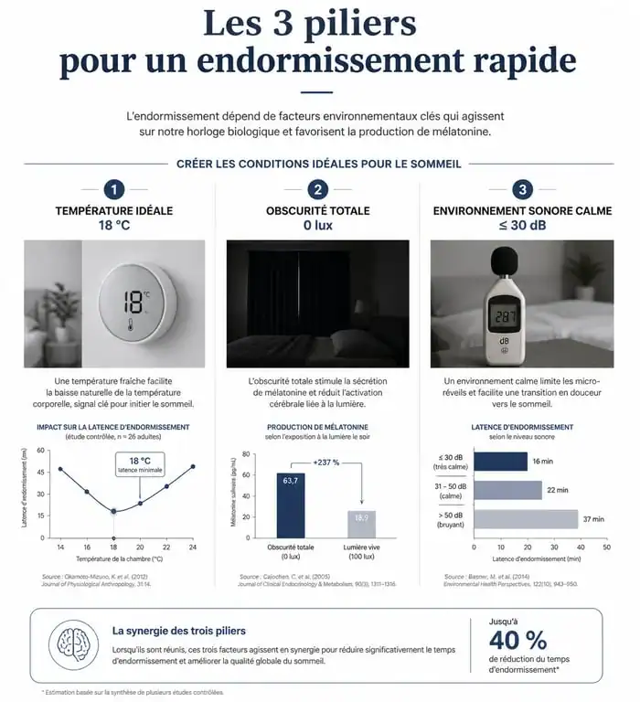 Infographie des facteurs favorisant le sommeil rapide : température, lumière et bruit