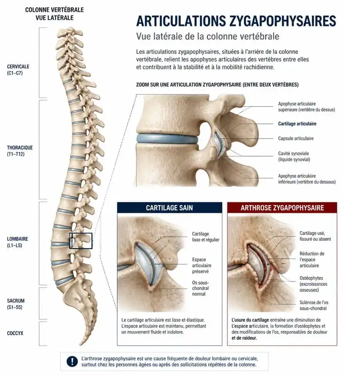 Schéma anatomique illustrant l'arthrose zygapophysaire et l'usure du cartilage des articulations facettaires de la colonne vertébrale
