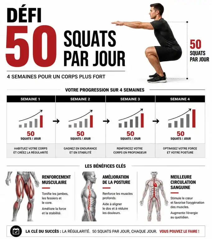 Infographie des résultats et progression du défi 50 squats par jour avant après
