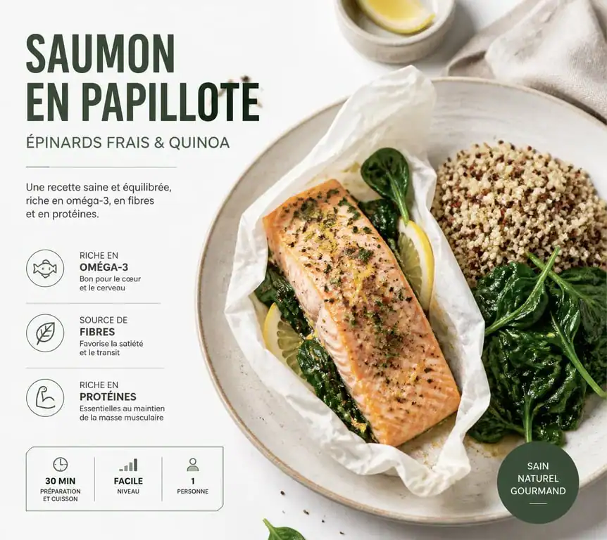 Recette pour maigrir le ventre : pavé de saumon en papillote avec épinards et quinoa