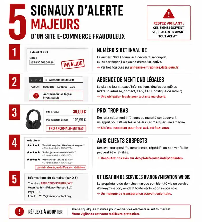 Infographie des signaux d'alerte pour identifier un site de fitness frauduleux comme Maison Fitness