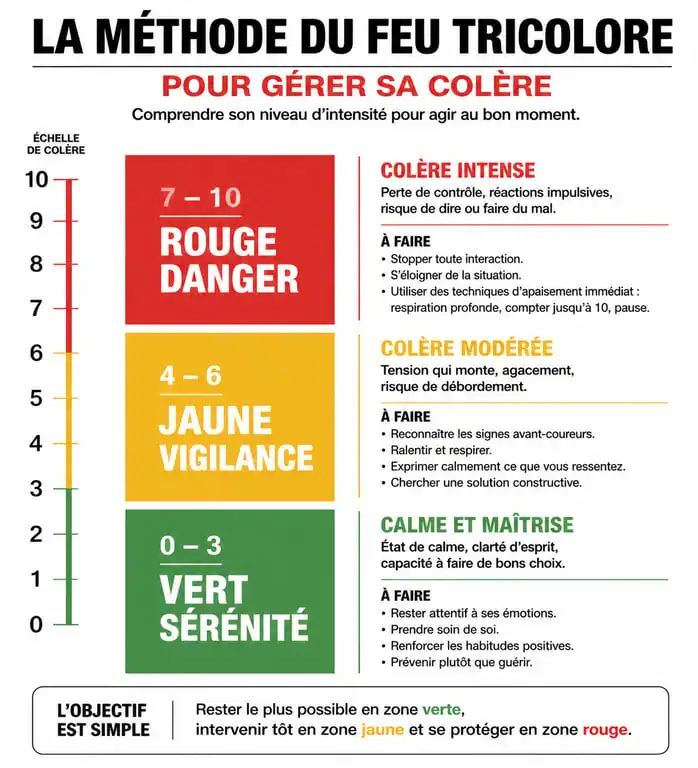 Infographie de la méthode du feu tricolore pour gérer sa colère et réguler ses émotions.