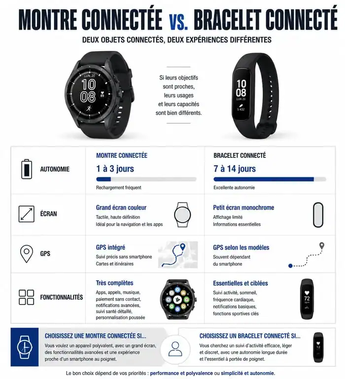 Infographie comparative entre montre connectée et bracelet connecté pour aider au choix