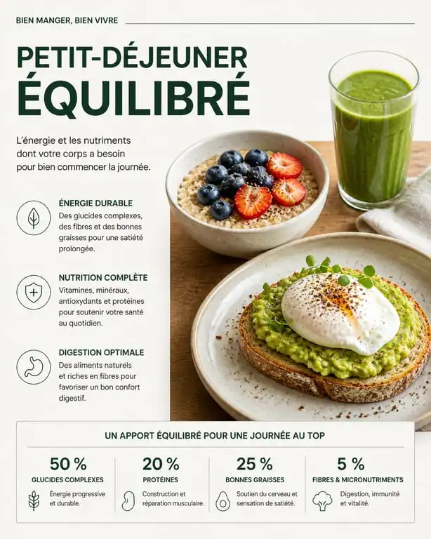 Petit déjeuner équilibré composé de porridge, avocado toast et smoothie pour une recette saine