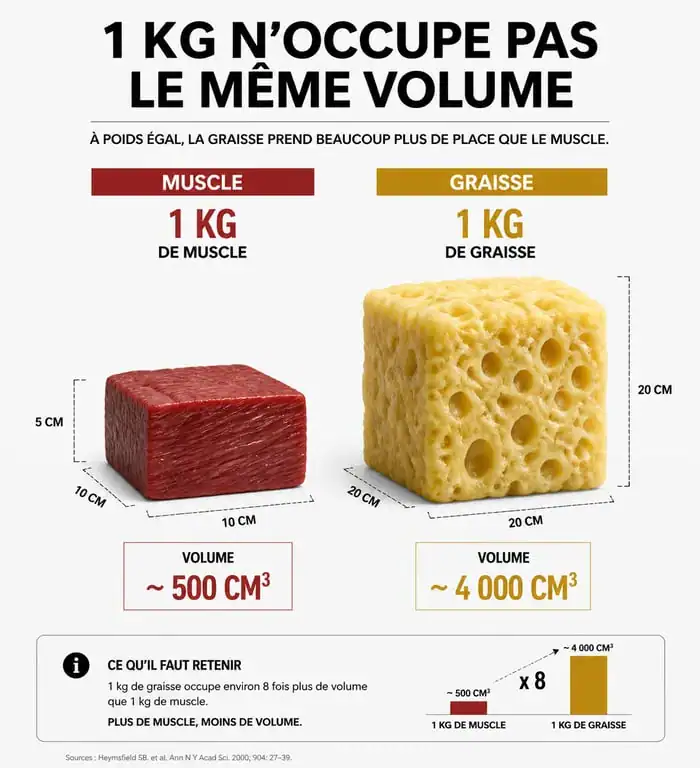 Comparaison visuelle du volume entre muscle et graisse pour comprendre pourquoi on s'affine sans perdre de poids