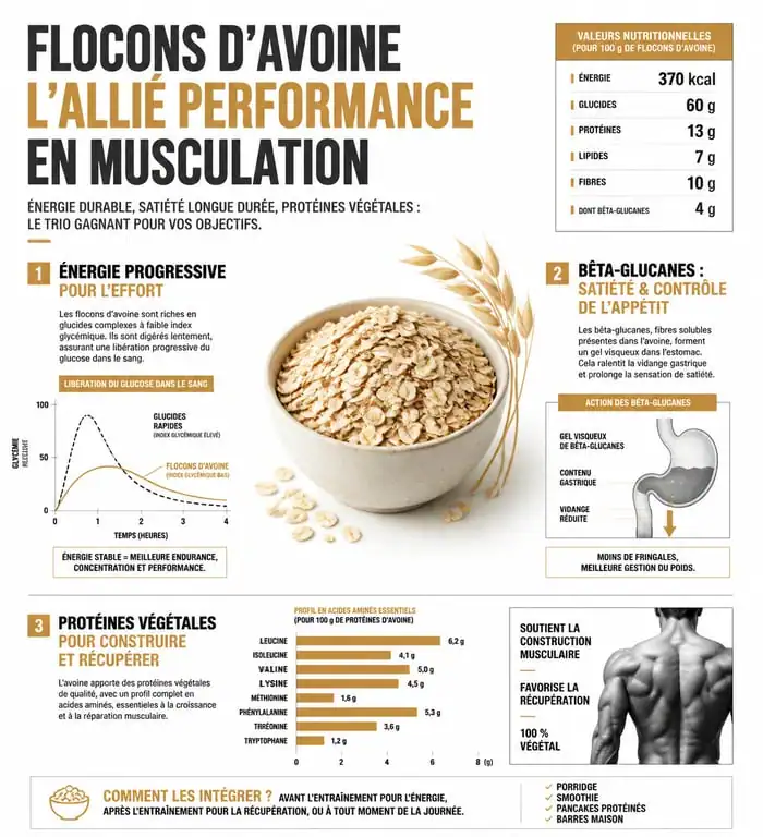Infographie des bienfaits nutritionnels des flocons d'avoine pour la musculation et la prise de masse