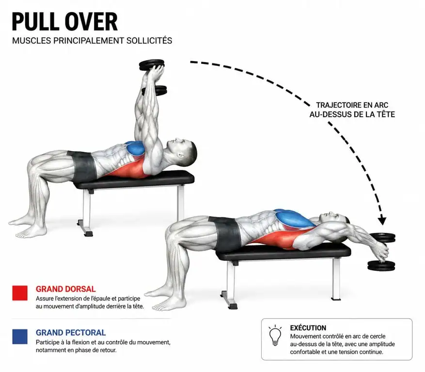 Schéma anatomique des muscles sollicités lors de l'exercice de musculation pull over