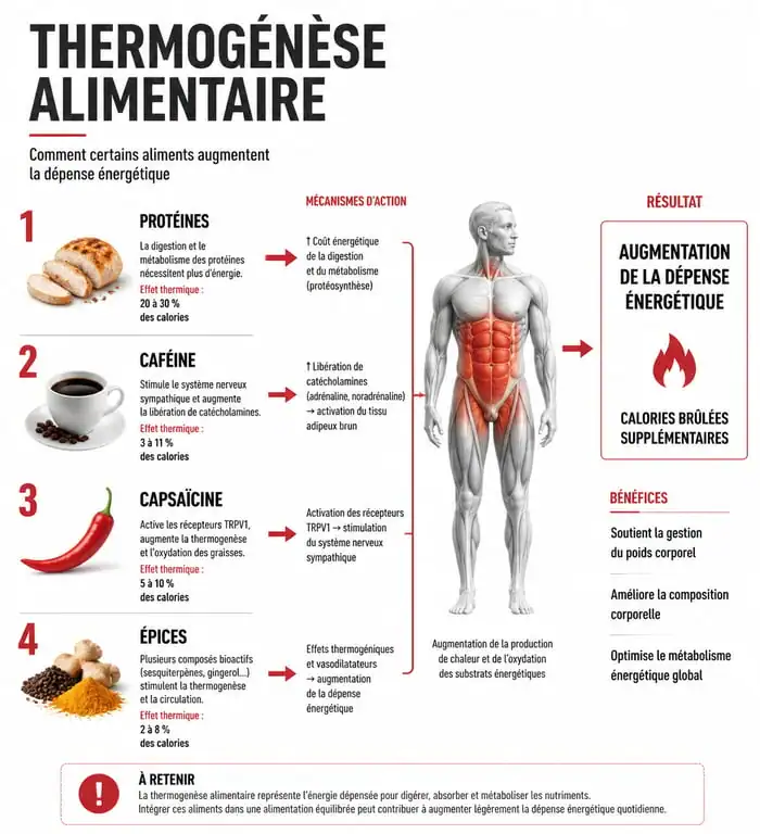 Infographie sur les aliments qui boostent le métabolisme et leur effet thermogénique