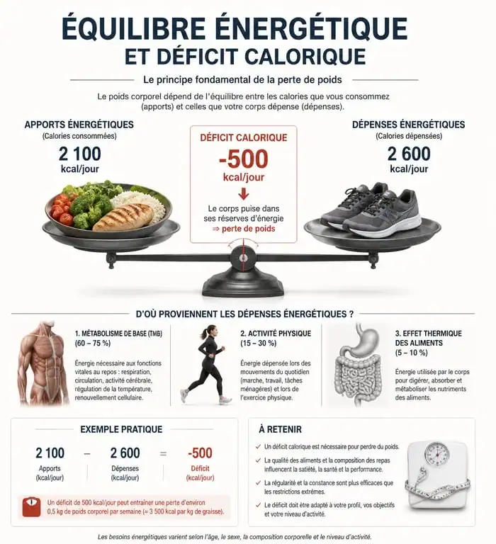 Infographie sur l'équilibre énergétique et le déficit calorique pour maigrir vite et bien