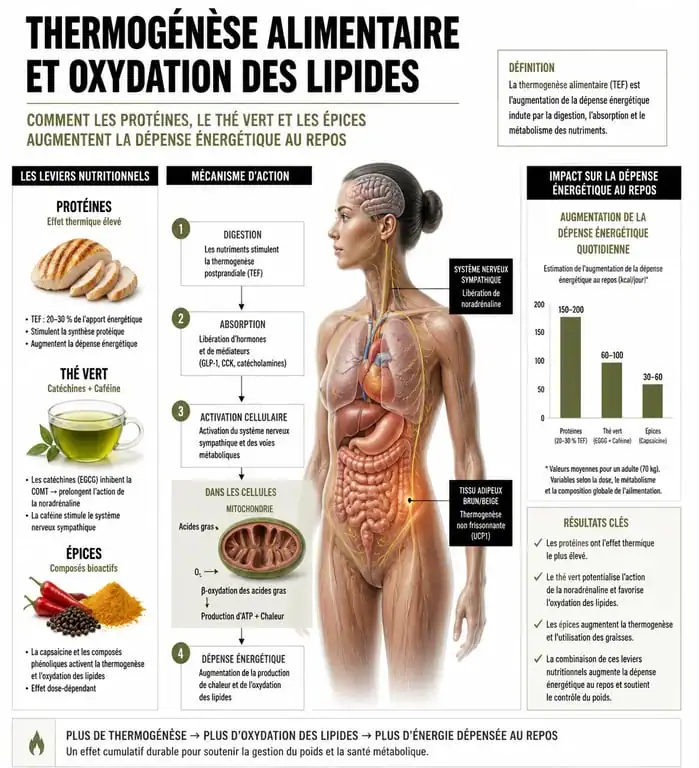 Infographie sur les mécanismes de la thermogenèse et des aliments brûle-graisse pour la perte de poids