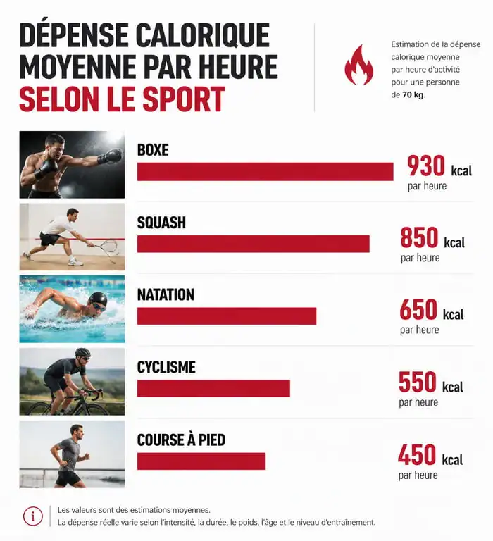 Infographie comparant la dépense calorique des sports les plus physiques
