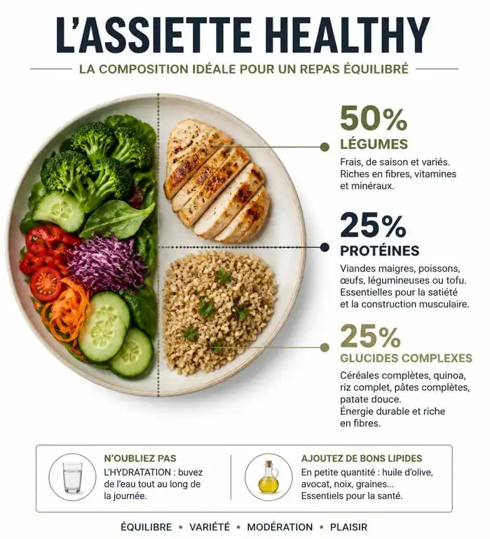 Infographie de la composition d'une assiette healthy équilibrée pour une alimentation saine