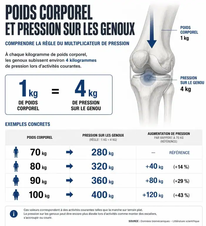 Infographie expliquant l'impact du poids sur les articulations et la perte de poids pour soulager les douleurs articulaires