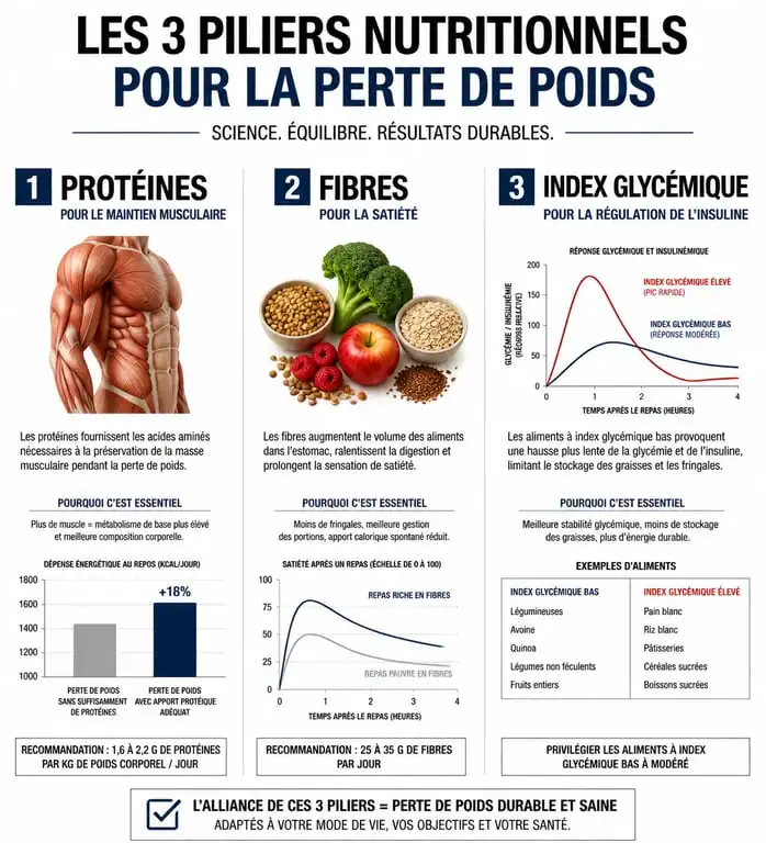 Infographie des piliers nutritionnels pour un régime efficace et perte de poids