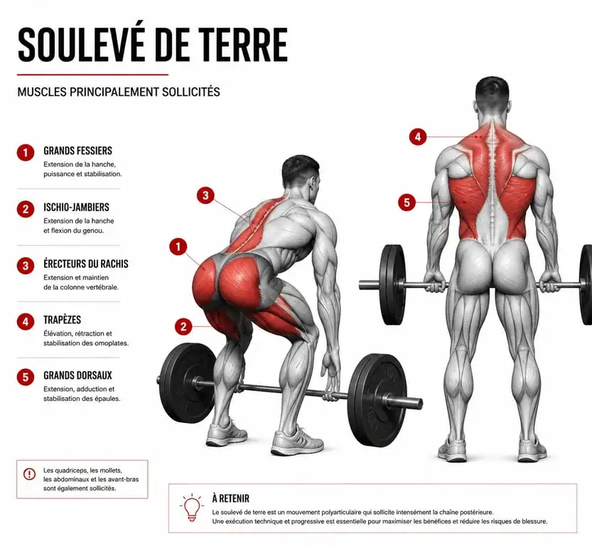 Schéma des muscles sollicités lors du soulevé de terre deadlift