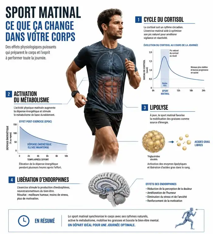 Infographie des bienfaits physiologiques du sport matinal sur la santé et le métabolisme
