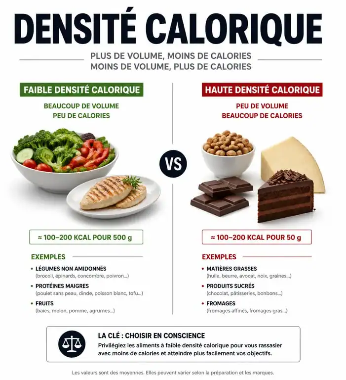 Infographie comparant la densité calorique des aliments pour une nutrition saine
