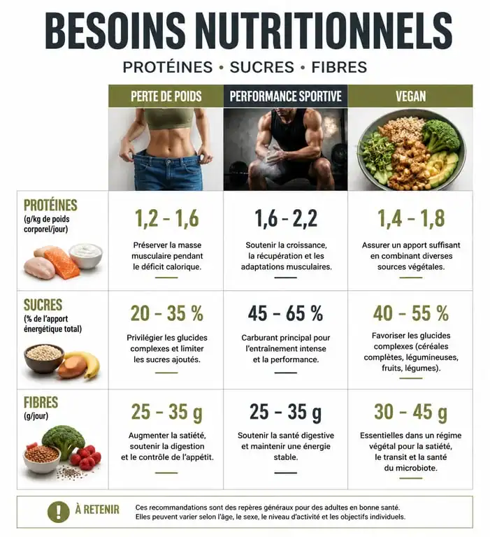 Infographie comparative des apports nutritionnels des barres de céréales protéinées selon les objectifs