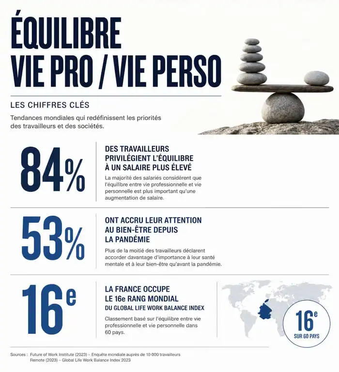 Infographie sur les statistiques de l'équilibre de vie et du bien-être au travail