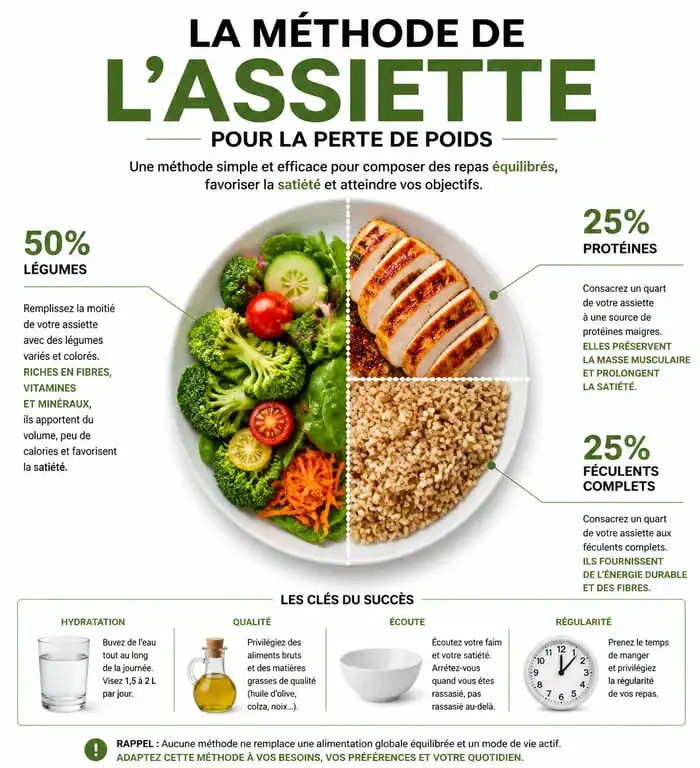 Infographie de la méthode de l'assiette pour un plan alimentaire de perte de poids équilibré