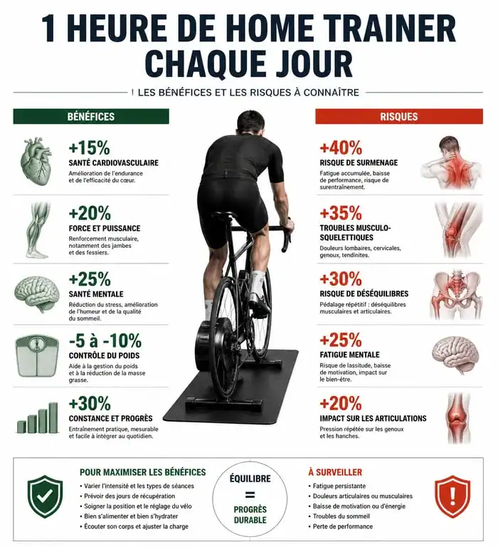 Infographie comparant les bénéfices et risques de 1h de home trainer par jour