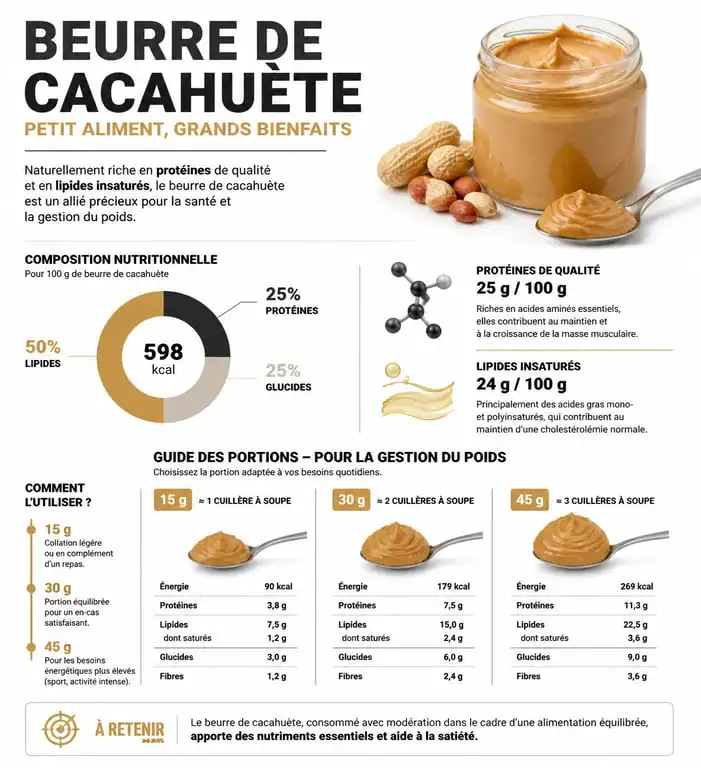 Infographie sur les bienfaits nutritionnels et les portions recommandées de beurre de cacahuète pour la gestion du poids