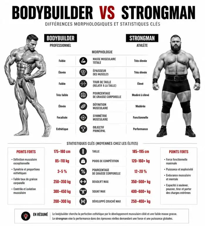 Infographie comparative des mensurations et caractéristiques physiques entre un bodybuilder et un strongman pour illustrer l'homme le plus musclé au monde.