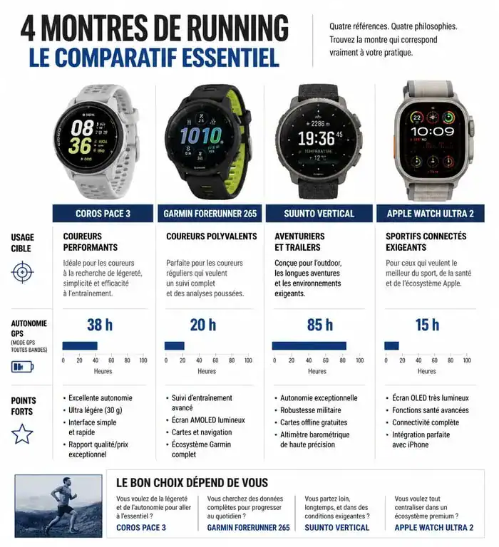 Infographie comparative des meilleures montres running 2025 pour choisir son modèle
