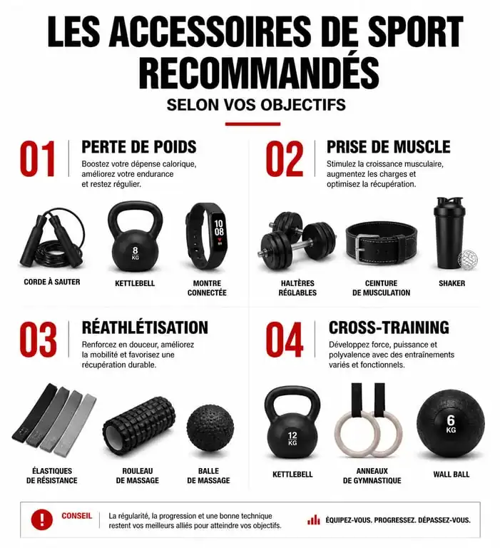 Infographie des accessoires de sport recommandés selon les objectifs fitness et musculation