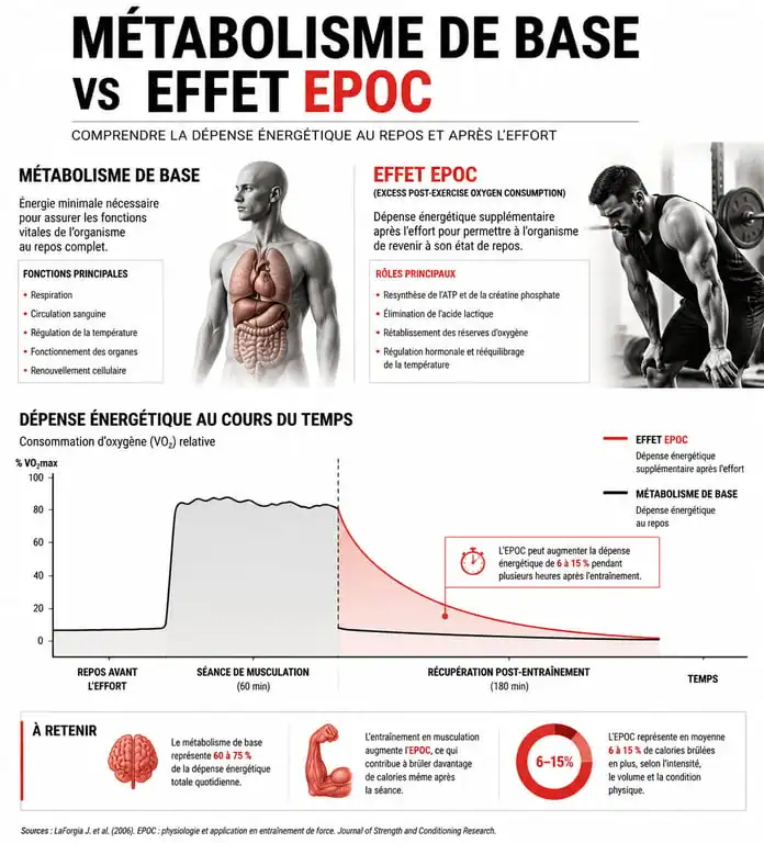 Infographie sur l'effet EPOC et le métabolisme de base pour maigrir par la musculation
